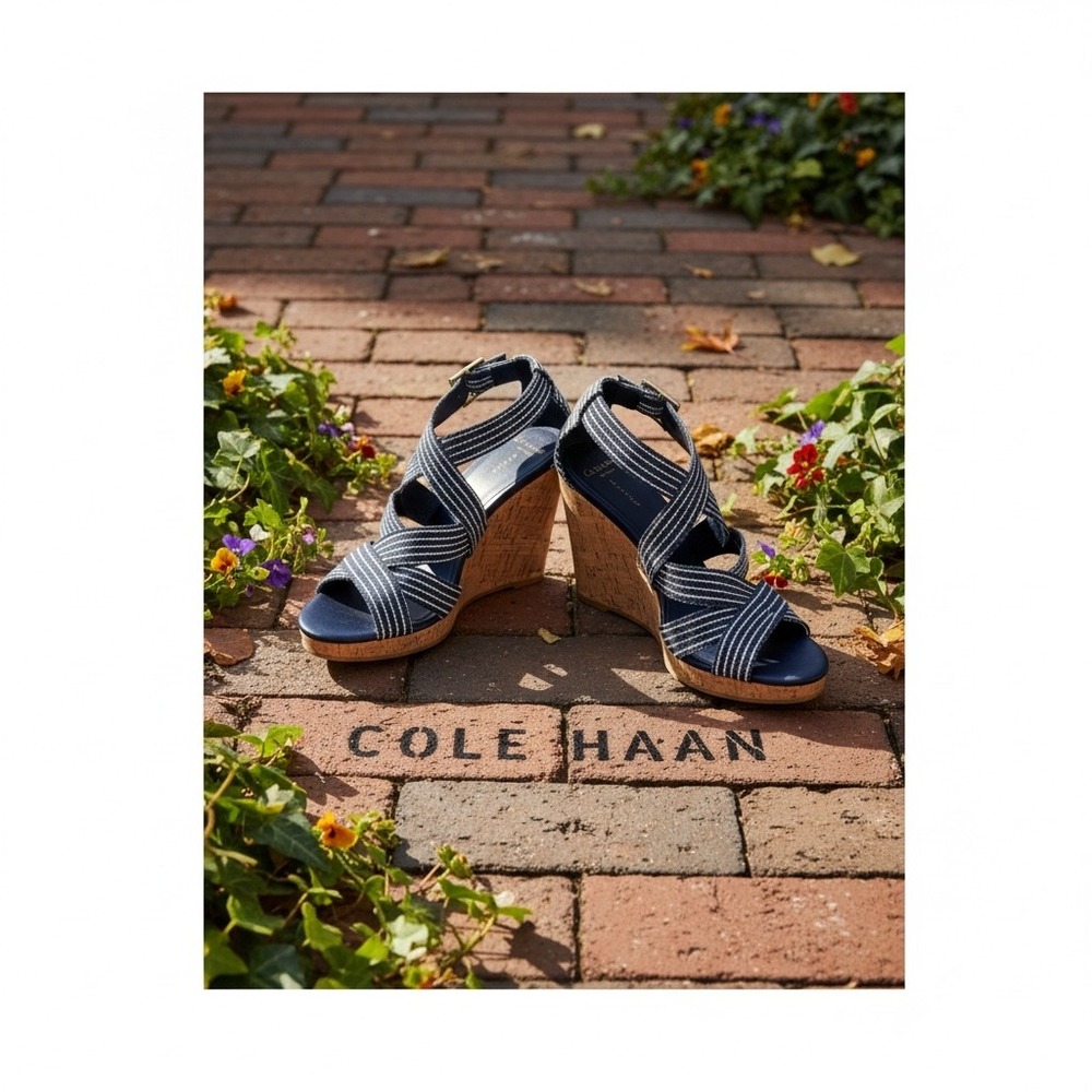 Cole Haan Grand OS Navy White Striped Snakeskin Cork Wedge Sandals D43853 6.5B